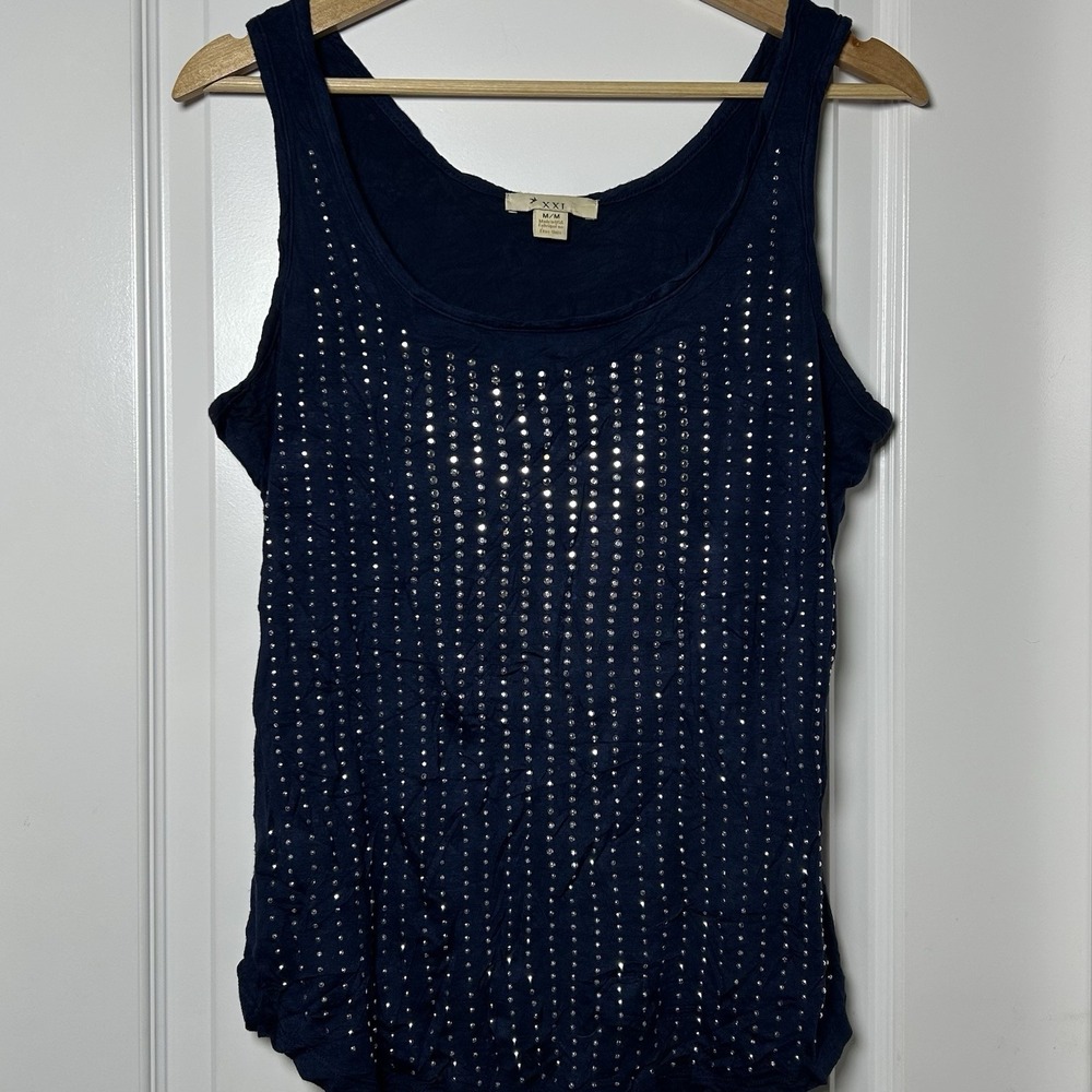 XXI Forever 21 Made in USA Navy Rhinestone Studded Tank Top Y2K Night Luxe Style